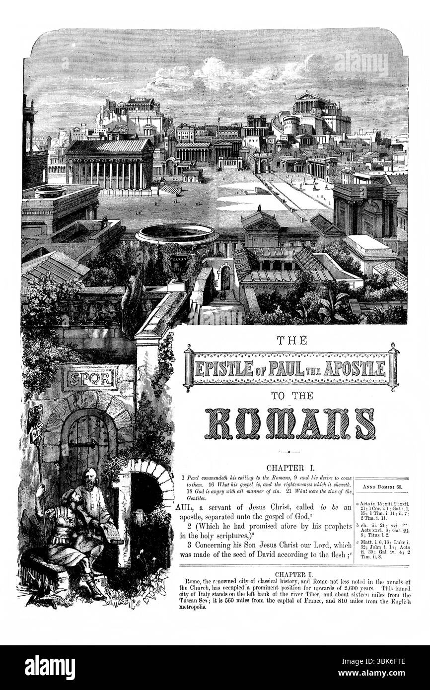Titolo pagina della lettera di Paolo Apostolo ai Romani che raffigura l'Antica città di Roma dall'Antica Ottocento la Sacra Bibbia che contiene il Foto Stock