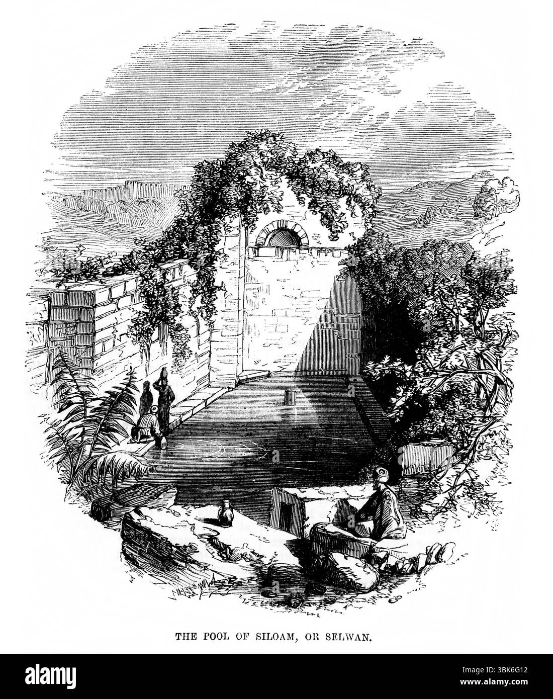 Illustrazione della piscina di Siloam dall'Antico XIX secolo la Sacra Bibbia contenente l'Antico e il nuovo Testamento con note esplicative, riferimenti a Foto Stock