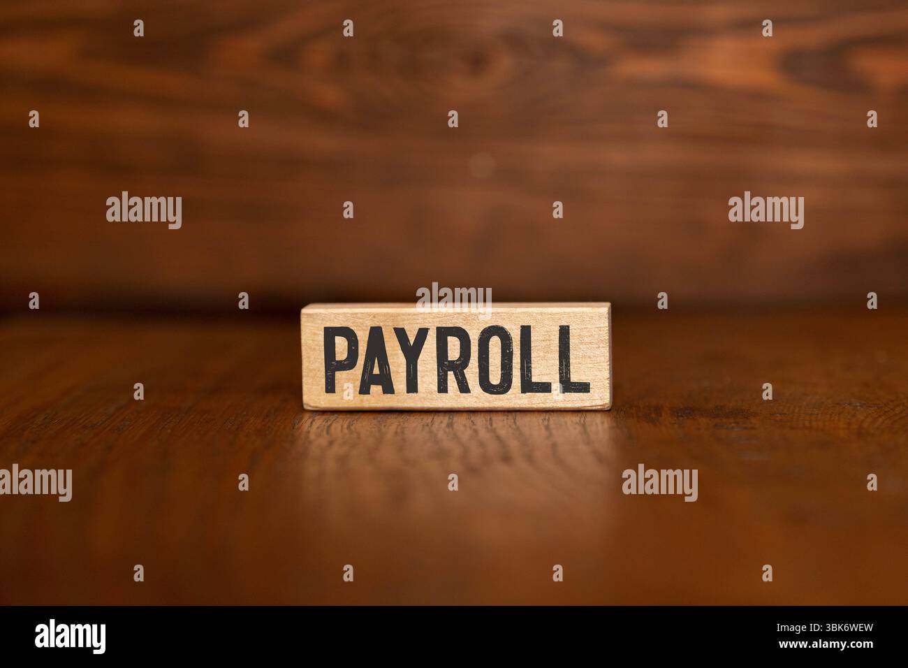 Simbolo DEL LIBRO PAGA. Copia spazio. LIBRO PAGA su blocchi di legno con sfondo giallo. Concetto aziendale e finanziario. Foto Stock