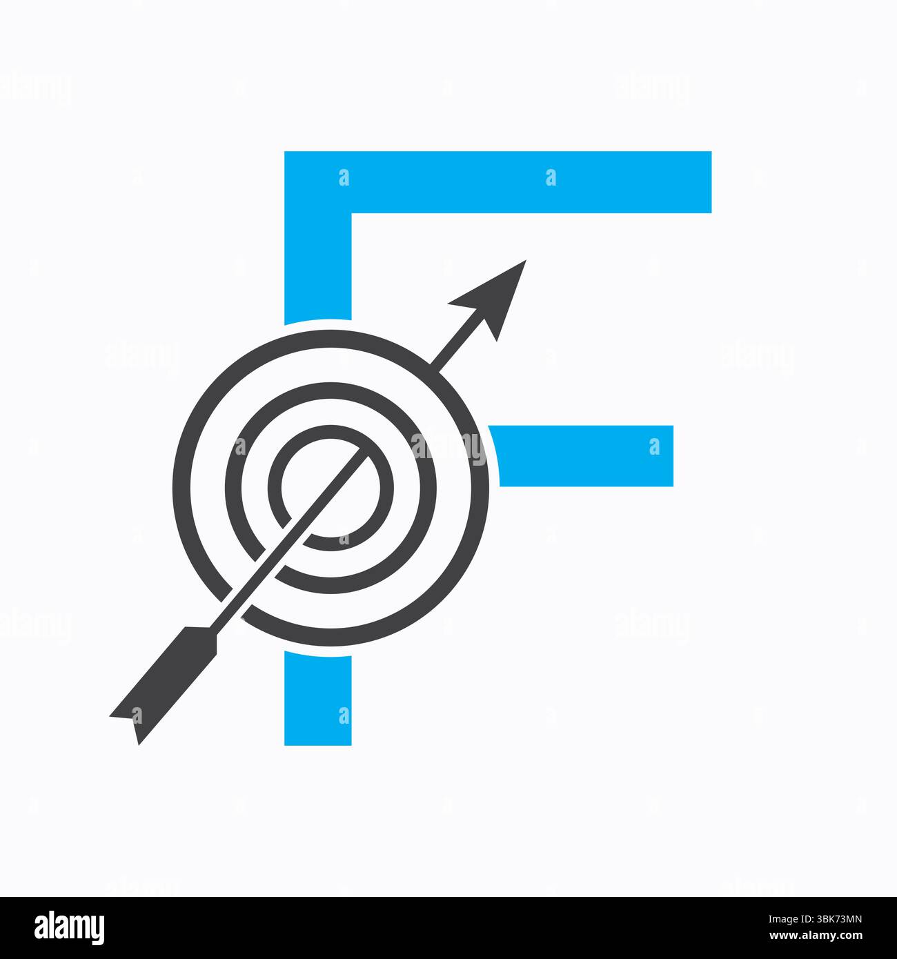 Logo target sulla lettera F Concept for Success Symbol. Design del logo degli obiettivi aziendali Illustrazione Vettoriale