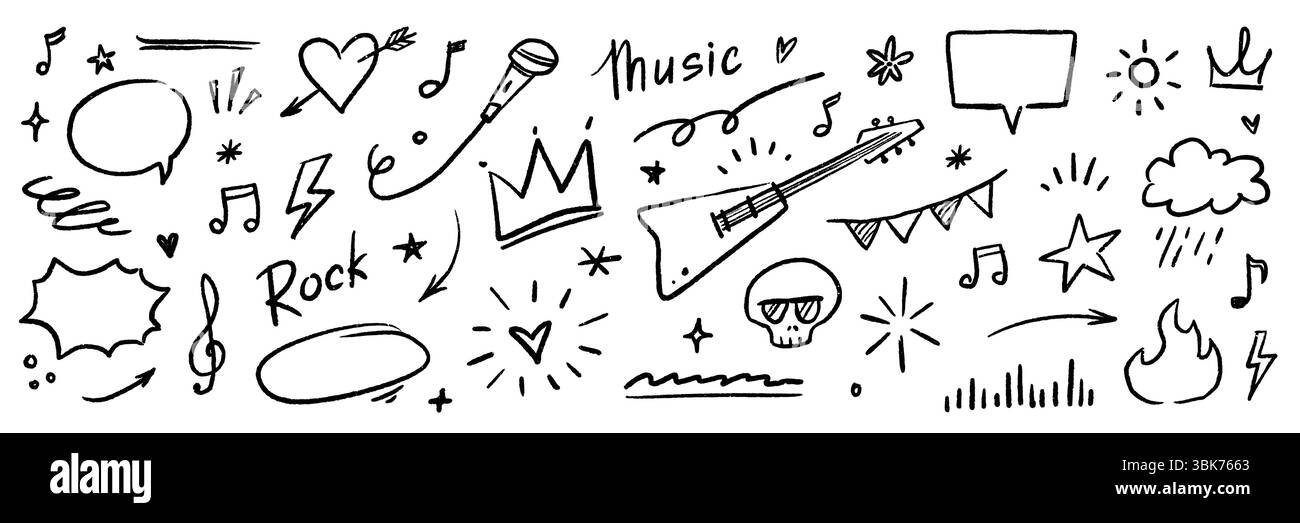 Il set punk rock di Doodle icon star della musica. Chitarra disegnata a mano, microfono, teschio. Simpatici elementi decorativi grunge a forma di stella con graffiti a forma di freccia, corona, bolla vocale. Illustrazione vettoriale Illustrazione Vettoriale