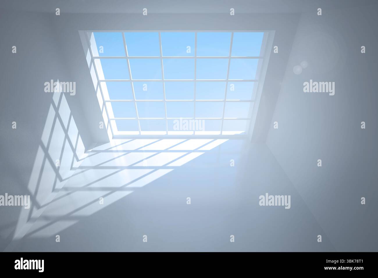 La finestra lucernario è caratterizzata da ombre a griglia su interni bianchi lisci in un design minimalista e piatto Foto Stock