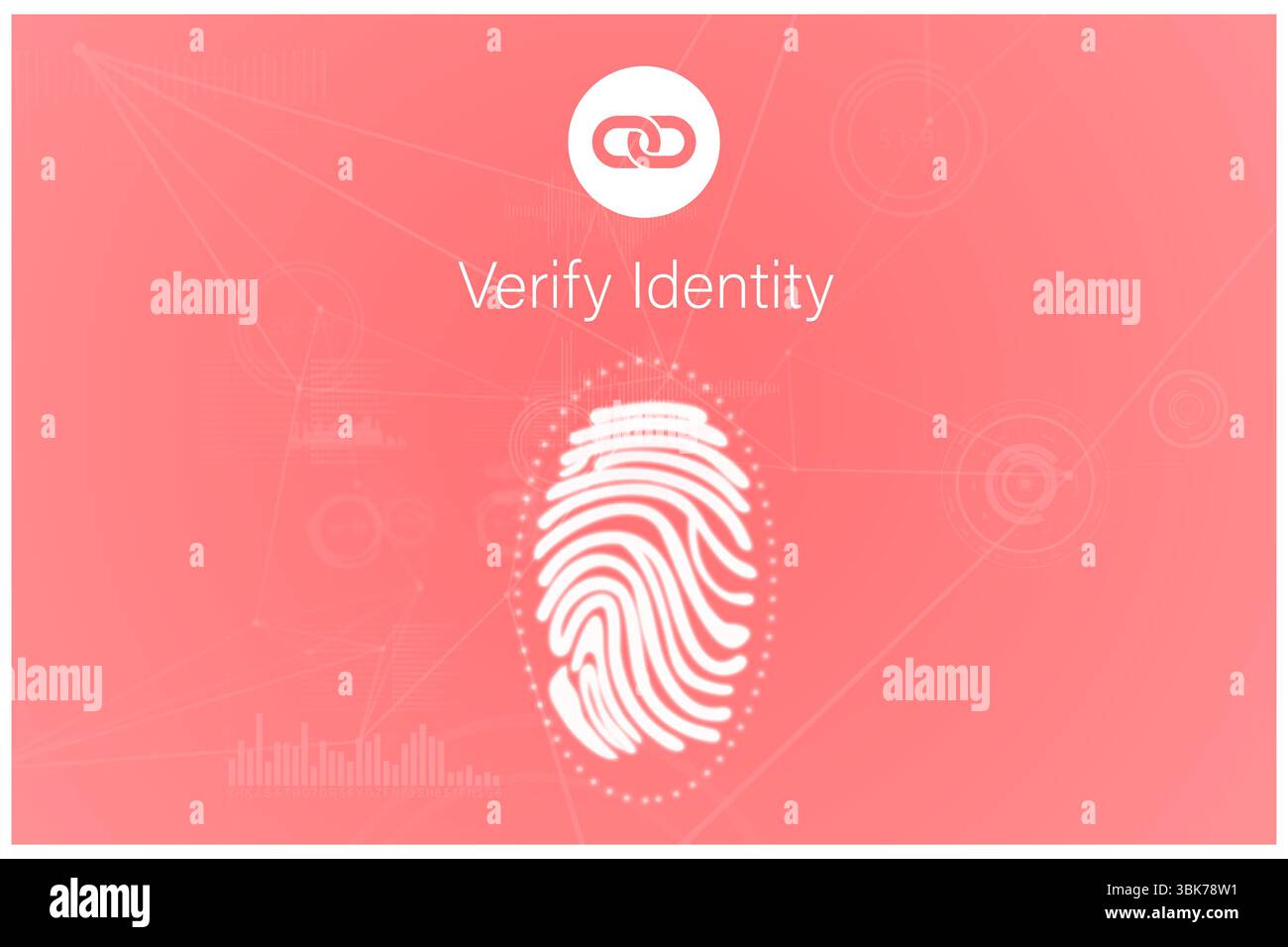 L'icona bianca dell'impronta digitale viene visualizzata sull'interfaccia utente corallina con testo di verifica identità e sovrapposizioni di rete Foto Stock