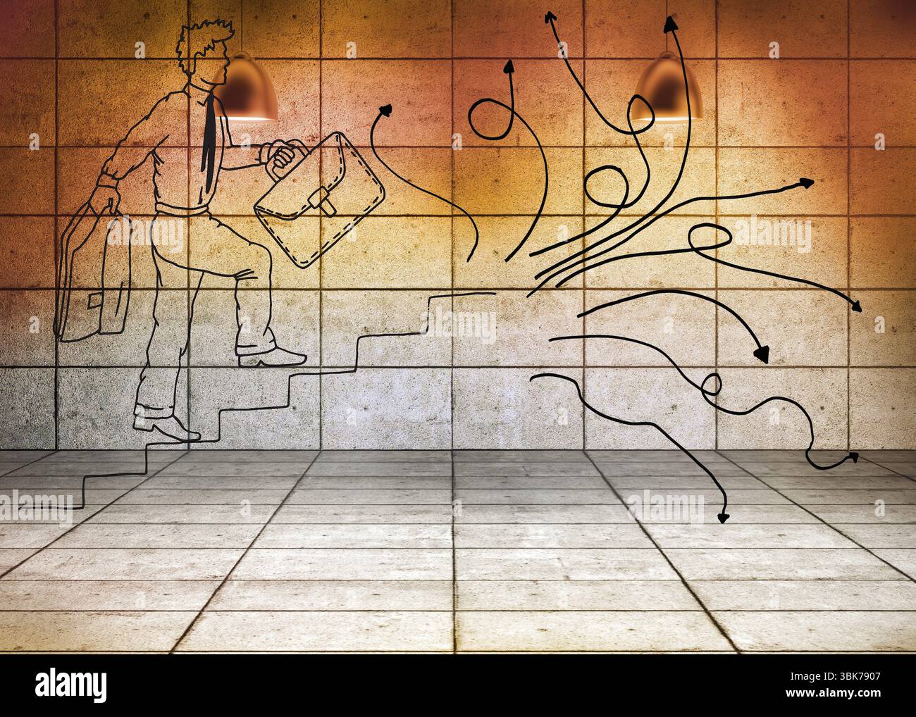 Tracciata l uomo a salire le scale in 3D camera Foto Stock