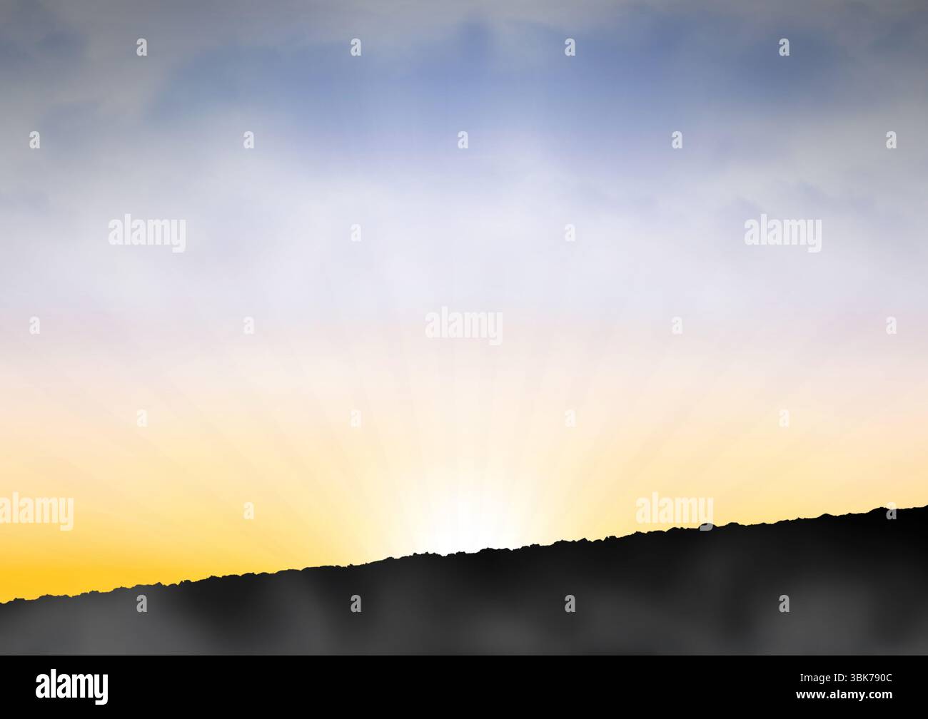 La silhouette di Hill Ridge viene mostrata con un design piatto, con i raggi del sole che sorgono e le nuvole a strati Foto Stock