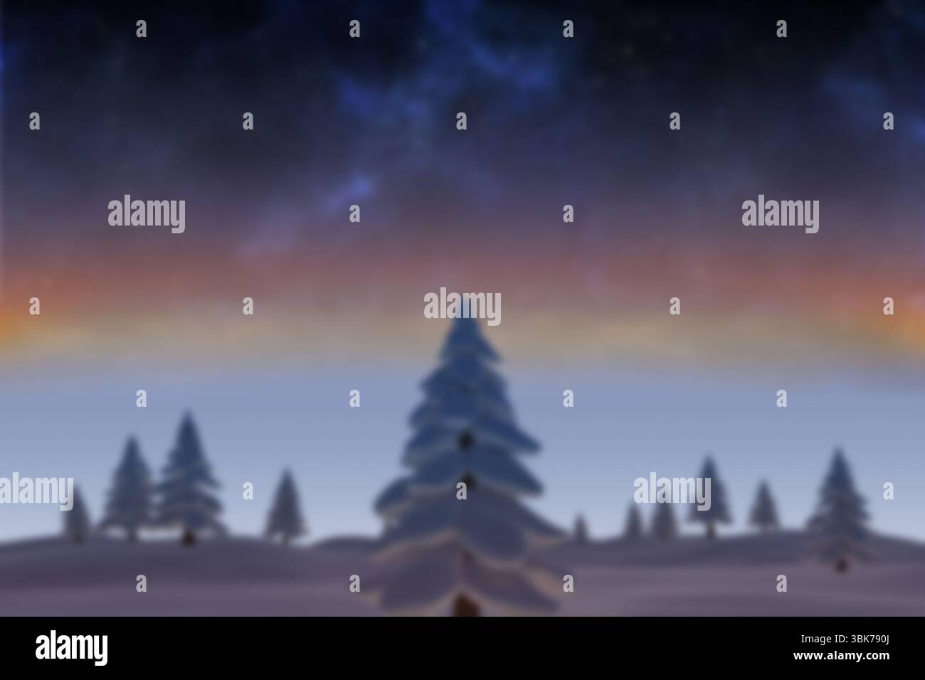 Il pino carico di neve si trova al crepuscolo sotto il cielo stellato in un design piatto, mostrando ciaspole Foto Stock
