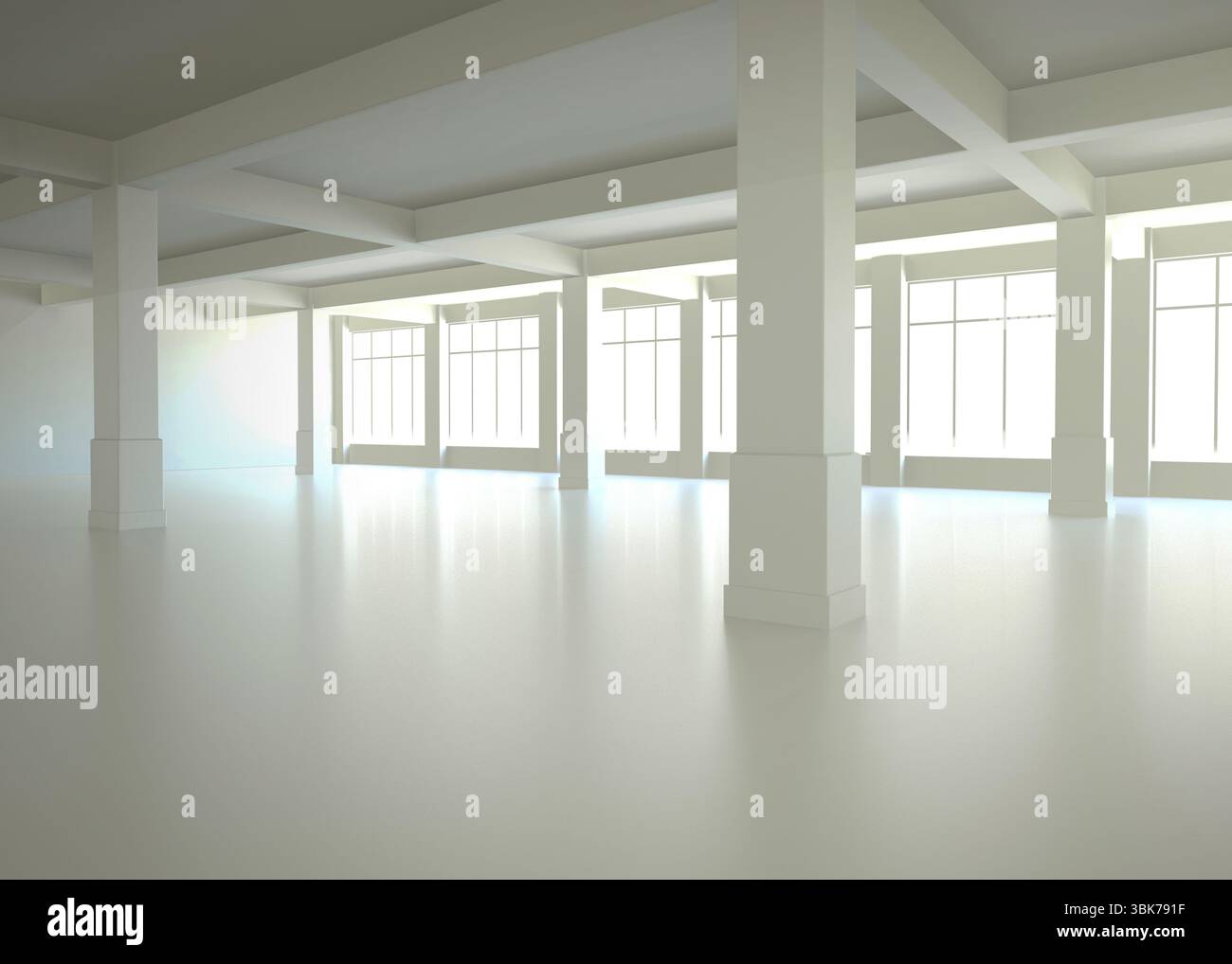 La sala aperta vuota viene mostrata con un design piatto, con colonne quadrate, finestre a griglia e pavimento riflettente Foto Stock