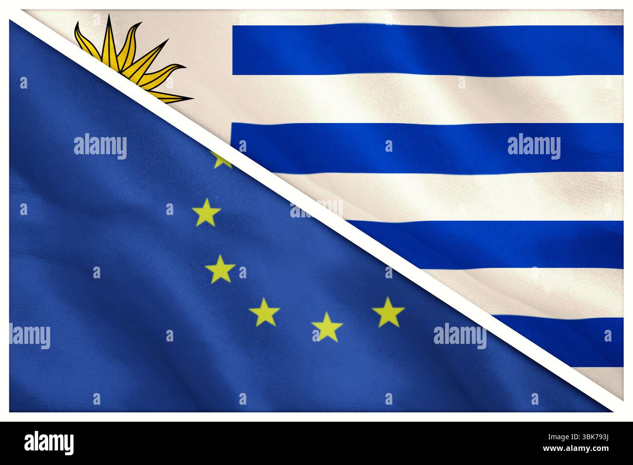 Primo piano delle bandiere dell'Uruguay e dell'Europa Foto Stock