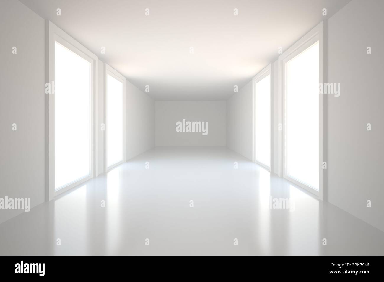 Il corridoio interno minimalista presenta pavimento lucido e grandi finestre dal design piatto Foto Stock