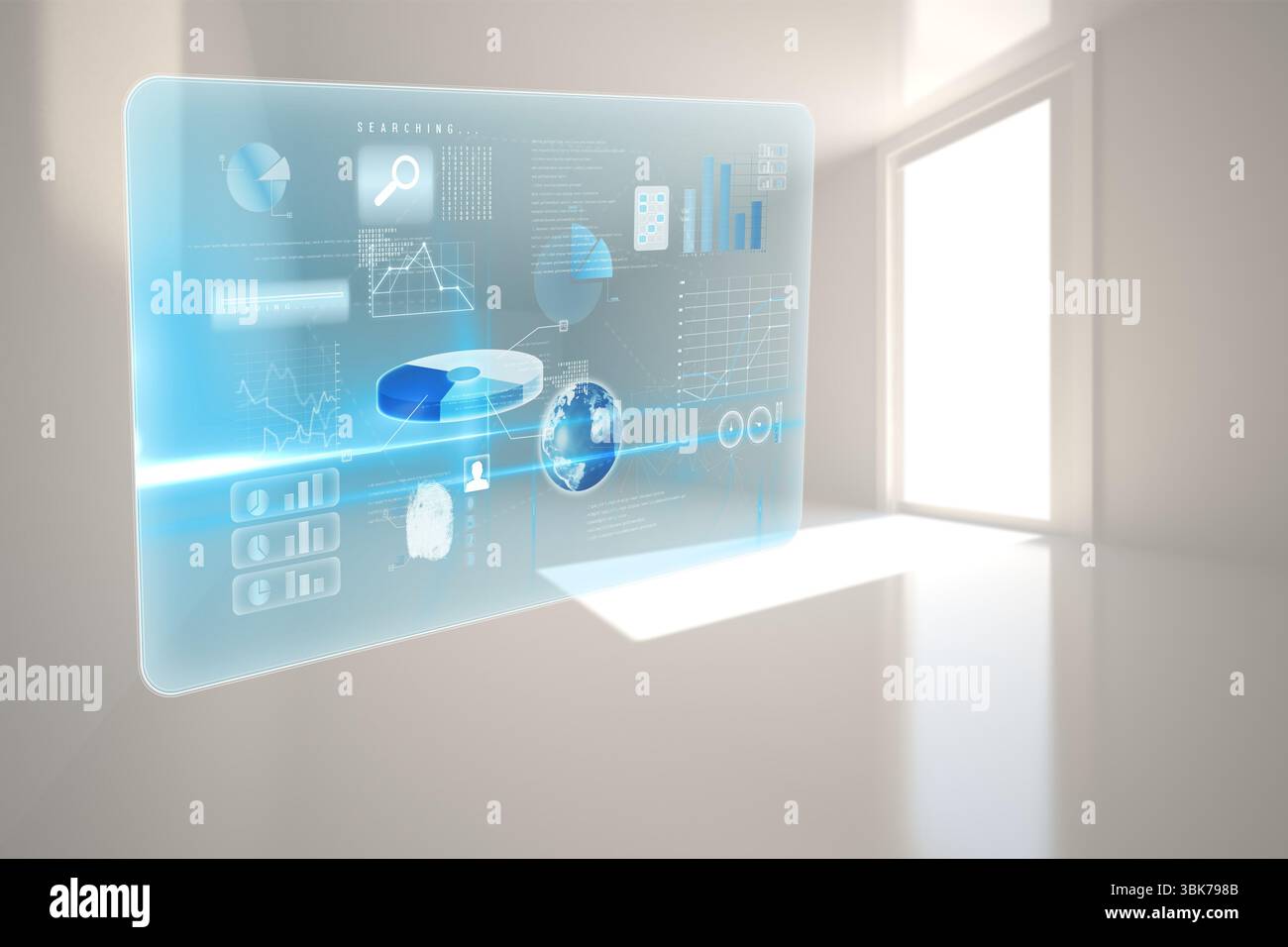 Pannello olografico semitrasparente che galleggia in un ambiente bianco minimale e mostra grafici e icone nel rendering 3D. Foto Stock