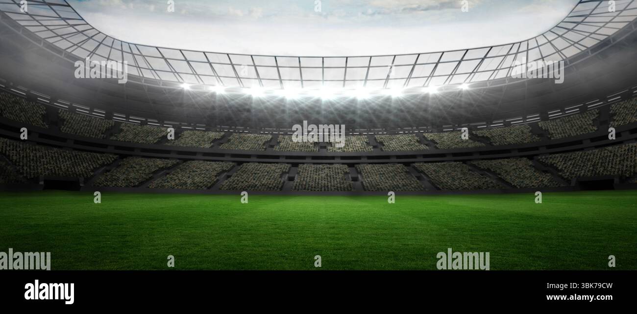 Lo stadio vuoto viene mostrato in un design piatto, con campo verde, posti a sedere e tetto con cielo nuvoloso Foto Stock