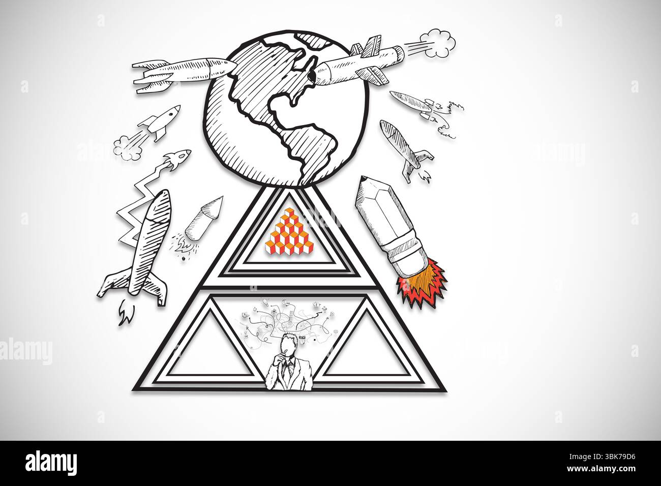 La piramide, caratterizzata da executive, cubi, globo e razzi, viene mostrata come schizzo su sfondo bianco Foto Stock