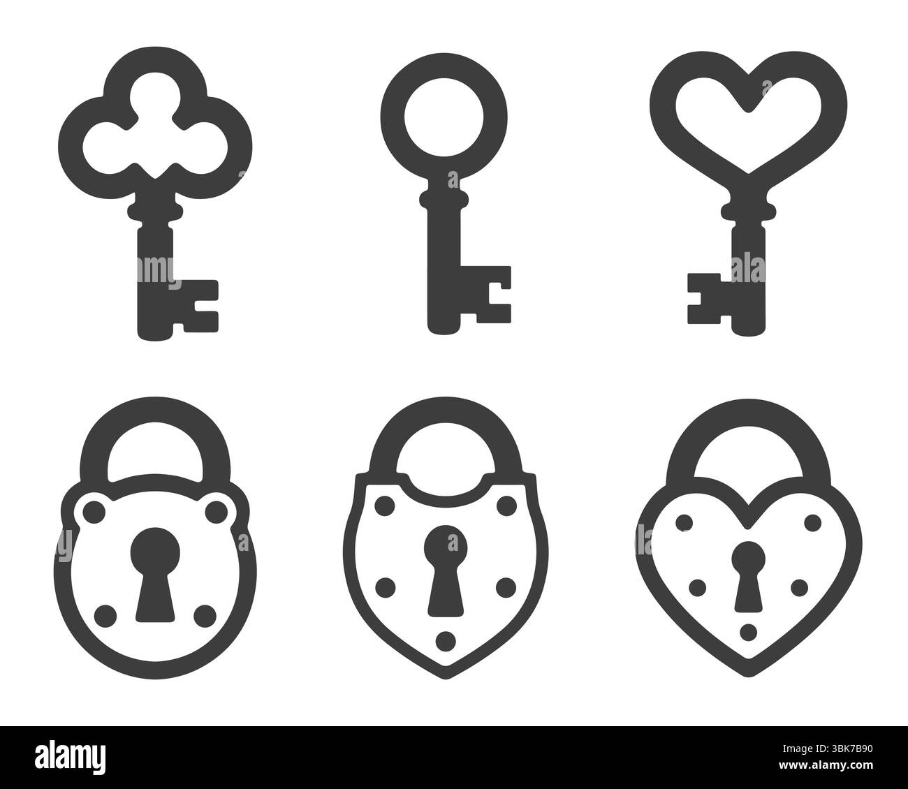 Set di simboli con chiave e lucchetto. Chiavi e serrature. Silhouette antiche, serratura, chiave a forma di cuore e serratura. Immagine di illustrazione vettoriale. Isolato su dorso bianco Illustrazione Vettoriale