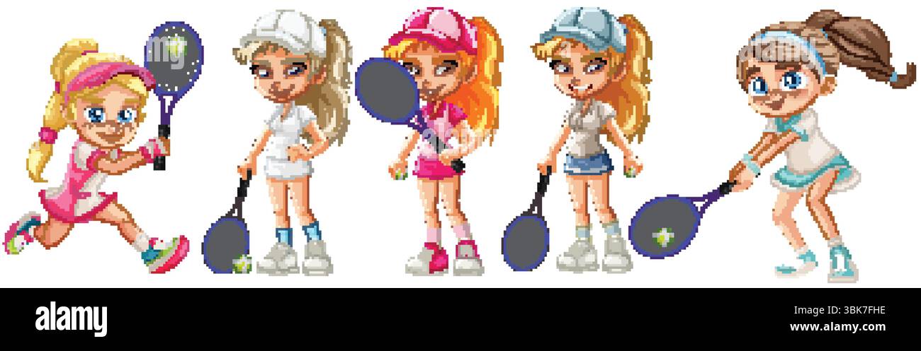 Cinque ragazze animate in abiti da tennis con racchette e palle, con pose dinamiche e colori vivaci Illustrazione Vettoriale