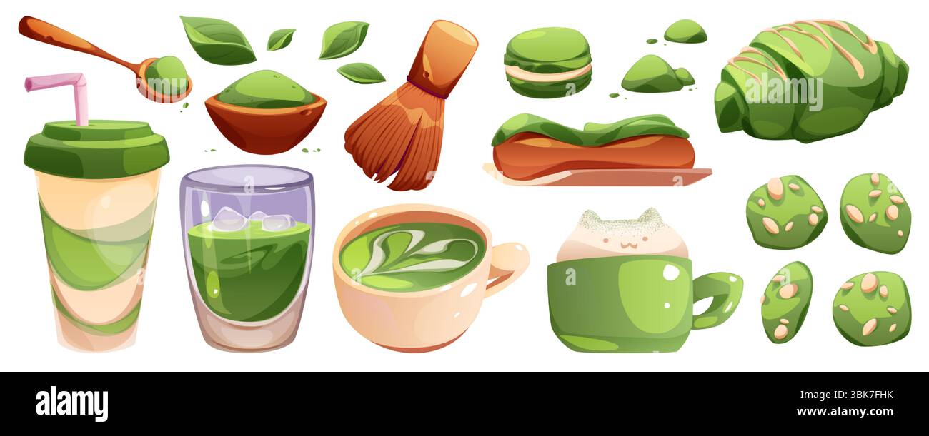 Set Cartoon matcha - prodotti vivaci per il tè verde, tra cui tazza per latte, ciotola per polveri con frusta, macaron, biscotti e accessori tradizionali. Ingredienti per bevande giapponesi per un menu da caffe' o dessert asiatici Illustrazione Vettoriale