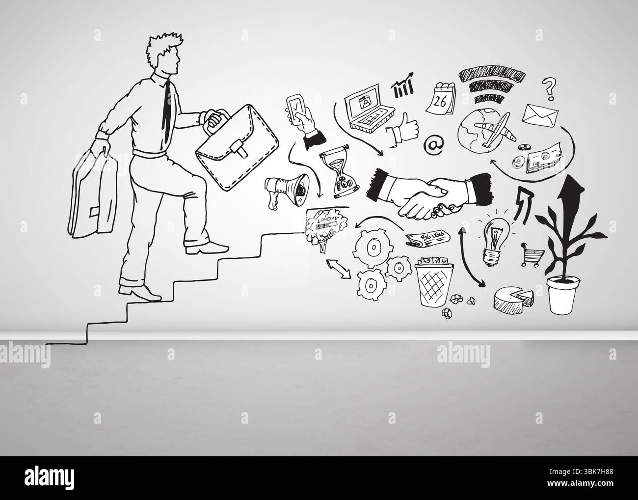 L uomo e la grafica disegnata sul muro bianco Foto Stock