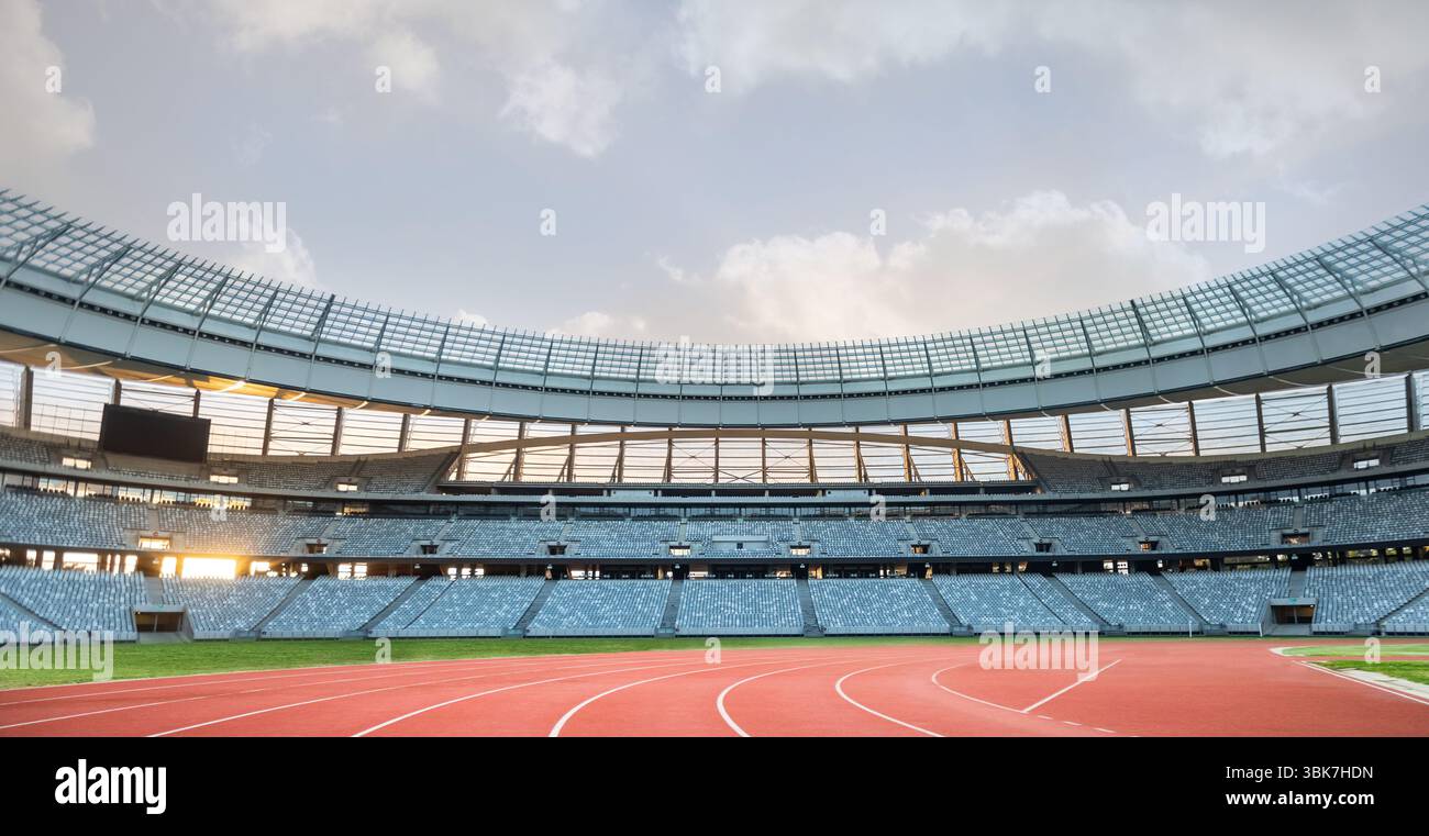 L'illustrazione dal design piatto mostra lo stadio di atletica con pista da corsa rossa e campo in erba verde Foto Stock
