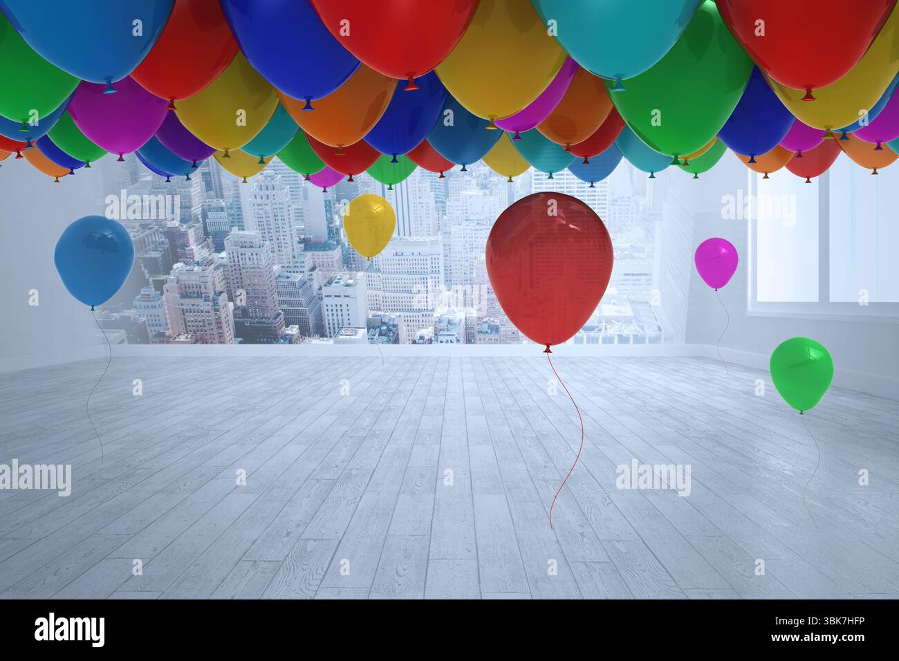 Molti palloncini colorati in camera con scena cittadina Foto Stock