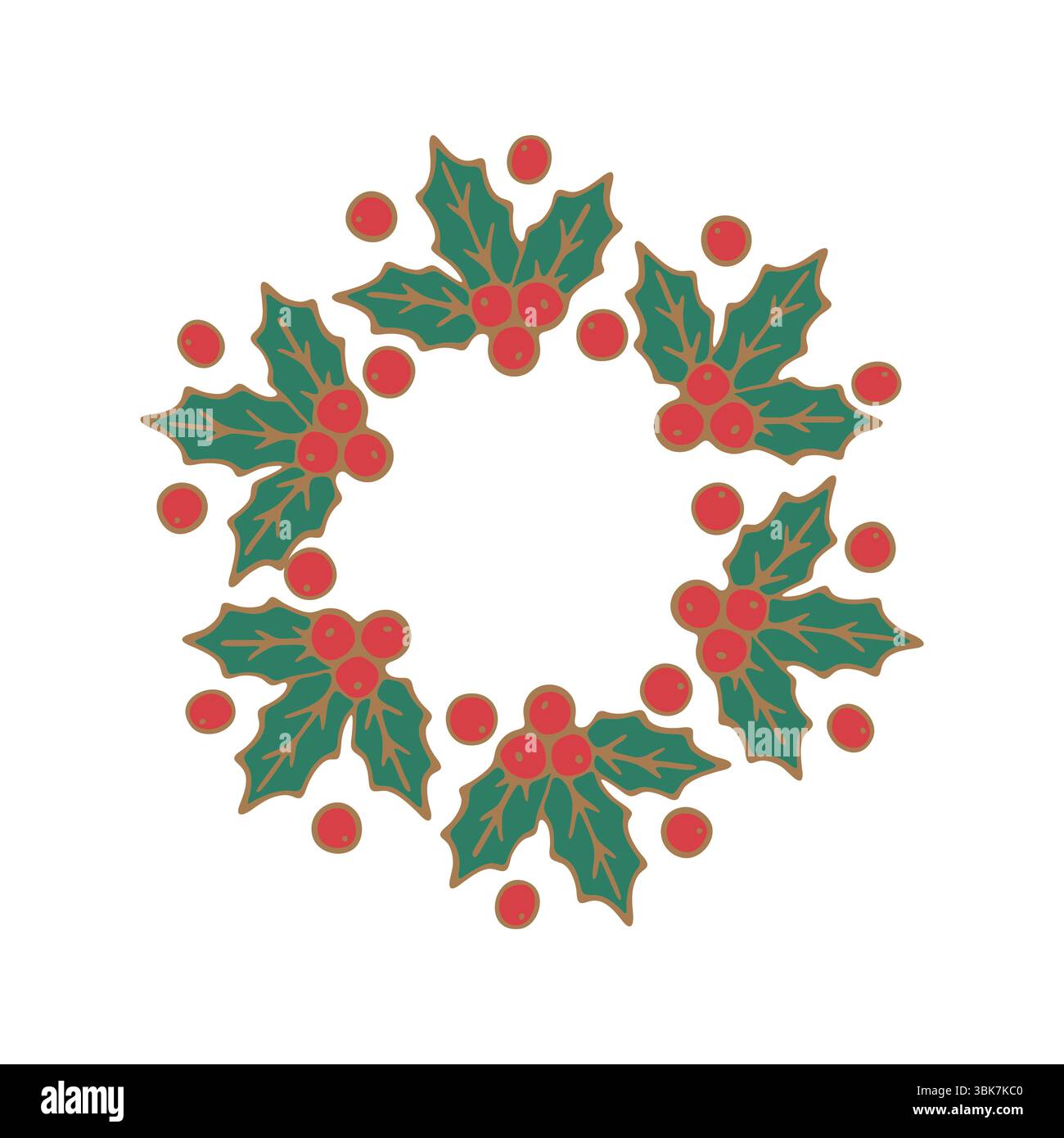 Corona di Natale con foglie di agrifoglio e bacche rosse, decorazioni natalizie, illustrazione vettoriale piatta, sfondo bianco, colori verde e rosso. Illustrazione Vettoriale