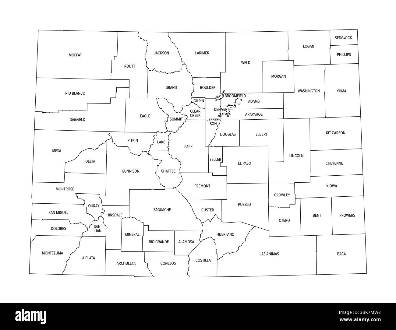 Stato del Colorado, suddiviso in 64 contee, delinea la mappa con i nomi delle contee e i confini. Stato nella subregione Mountain West Stati Uniti. Foto Stock