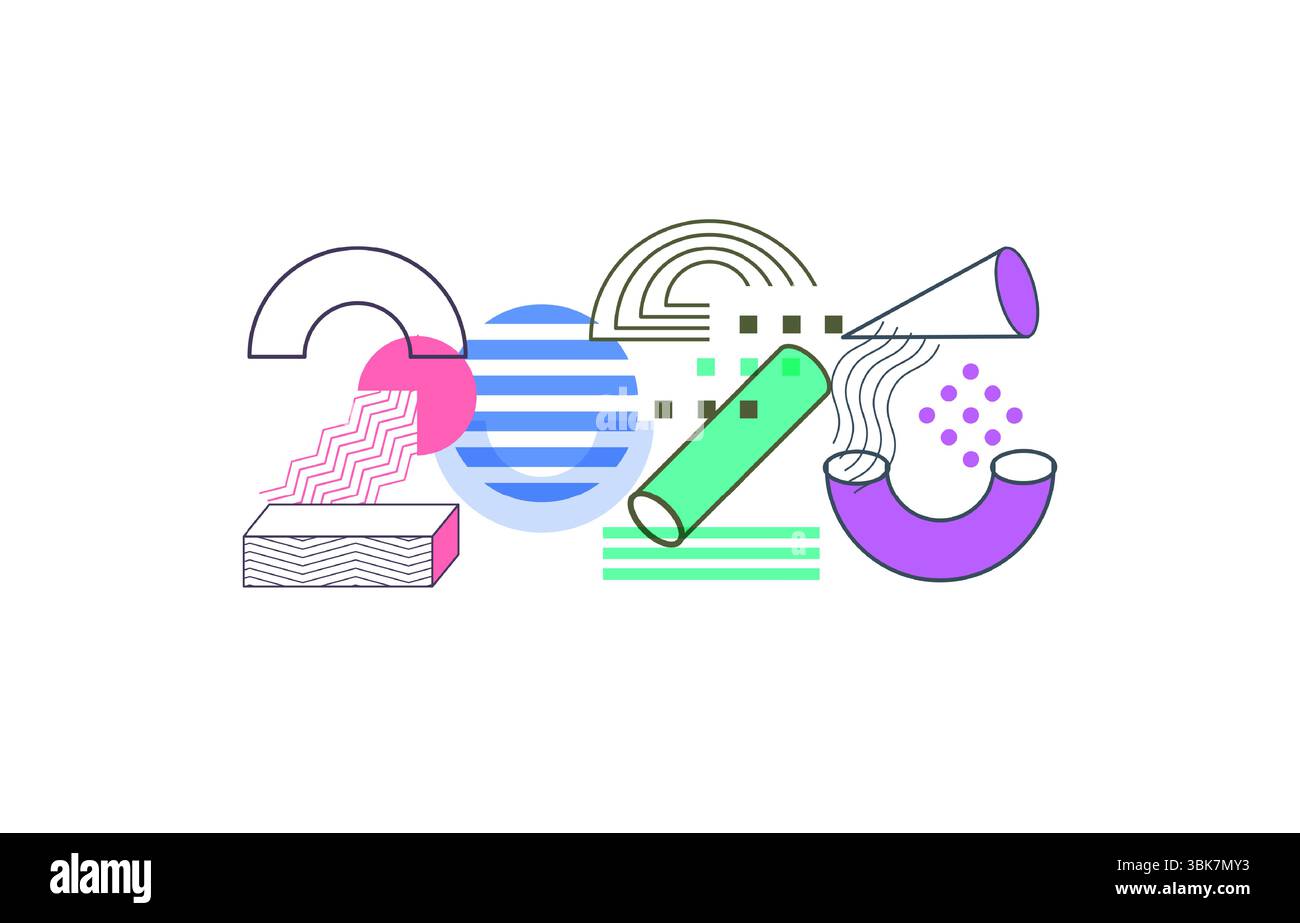 Design alla moda per l'anno nuovo 2026 con forme geometriche astratte ed elementi in stile Memphis. Ideale per biglietti di auguri, social media, poster e. Illustrazione Vettoriale