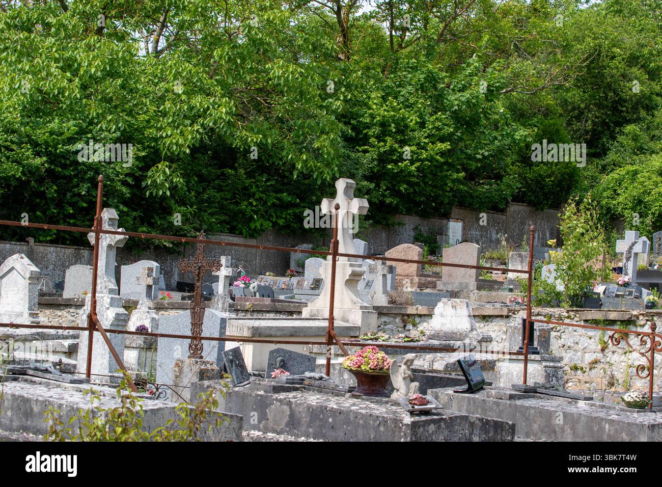 Un vecchio cimitero con varie lapidi e croci, parzialmente oscurati da una recinzione arrugginita. Alberi verdi rigogliosi riempiono lo sfondo a Giverny, Francia. Foto Stock