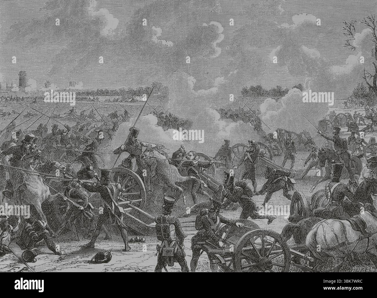 Battaglia di Parigi (30 marzo 1814). L'ultima battaglia della campagna francese. Si concluse con la sconfitta dell'esercito francese da parte delle truppe della Sesta coalizione. Studenti dell'Ecole Polytechnique de Vincennes, che difendono i loro cannoni contro l'attacco dei cosacchi. Incisione di Hurel. Histoire du Consulat et de l'Empire (storia del Consolato e dell'Impero di Francia sotto Napoleone), di A. Thiers. Volume IV. Pubblicato a Barcellona, 1879. Foto Stock