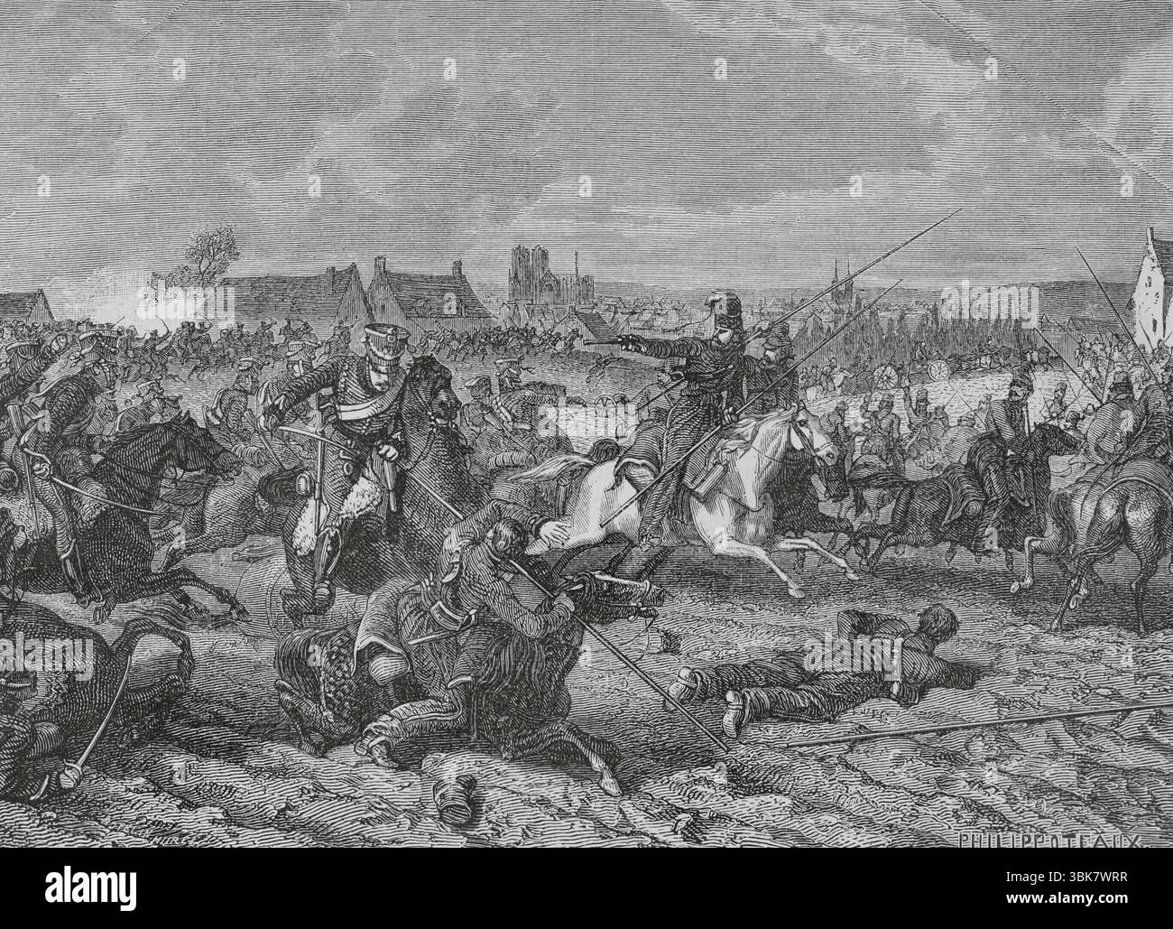 Battaglia di Reims (13 marzo 1814). Campagna di Francia. Sesta coalizione. Le truppe francesi guidate da Napoleone sconfissero un esercito russo-prussiano combinato sotto il comando del generale Guillaume Emmanuel Guignard de Saint-Priest (1776-1814). Le guardie d'Onore alla Battaglia di Reims. Disegno di Philippoteaux. Incisione di Hurel. Histoire du Consulat et de l'Empire (storia del Consolato e dell'Impero di Francia sotto Napoleone), di A. Thiers. Volume IV. Pubblicato a Barcellona, 1879. Foto Stock