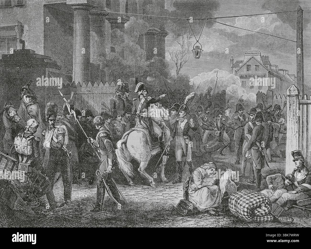 Battaglia di Parigi (30 marzo 1814). L'ultima battaglia della campagna francese. Si concluse con la sconfitta dell'esercito francese da parte delle truppe della Sesta coalizione. Sceriffo Moncey alla Barriera Clichy. Esso raffigura un combattimento contro i cosacchi russi durante la difesa di Parigi. Disegno di Girardet dopo il dipinto di Horace Vernet. Incisione di Chapon. Histoire du Consulat et de l'Empire (storia del Consolato e dell'Impero di Francia sotto Napoleone), di A. Thiers. Volume IV. Pubblicato a Barcellona, 1879. Foto Stock