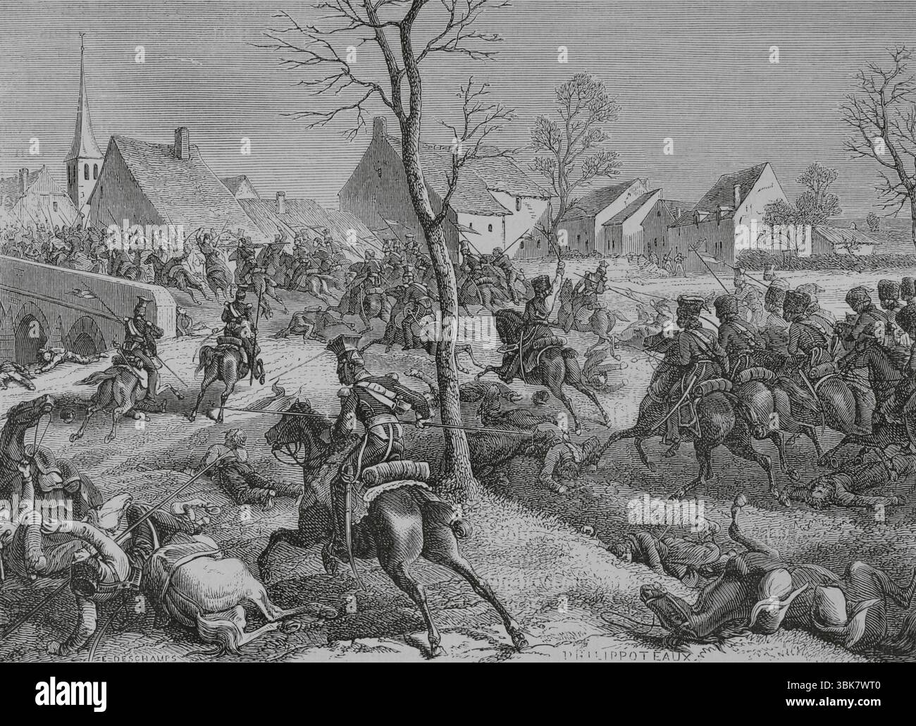 Battaglia di Berry-au-Bac (5 marzo 1814). Campagna di Francia. Sesta coalizione. La cavalleria francese sotto l'imperatore Napoleone sconfisse i cosacchi russi guidati dal generale Ferdinand von Wintzingerode (1770-1818). Il generale Nansouty (1768-1815), con il 1st Polish Light Cavalry Lancers Regiment della Guardia Imperiale al comando del generale PAC, e la divisione del generale Exelmans, si impadronì del ponte di Berry-au-Bac. Disegno di Philippoteaux. Incisione di Deschamps. Histoire du Consulat et de l'Empire (storia del Consolato e dell'Impero di Francia sotto Napoleone), di A. Thiers. Volume IV. Pubblicato a Barcellona, 18 Foto Stock
