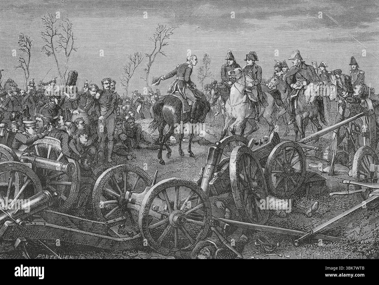 Battaglia di Montmirail (11 febbraio 1814). Campagna di Francia. Sesta coalizione. Scontro tra l'esercito francese di Napoleone i contro le truppe russe del generale Osten-Sacken (1752-1837) e le forze prussiane del generale Ludwig Yorck von Wartenburg (1759-1830), terminando con una vittoria francese. Disegno di Philippoteaux. Incisione di Pontenier. Histoire du Consulat et de l'Empire (storia del Consolato e dell'Impero di Francia sotto Napoleone), di A. Thiers. Volume IV. Pubblicato a Barcellona, 1879. Foto Stock