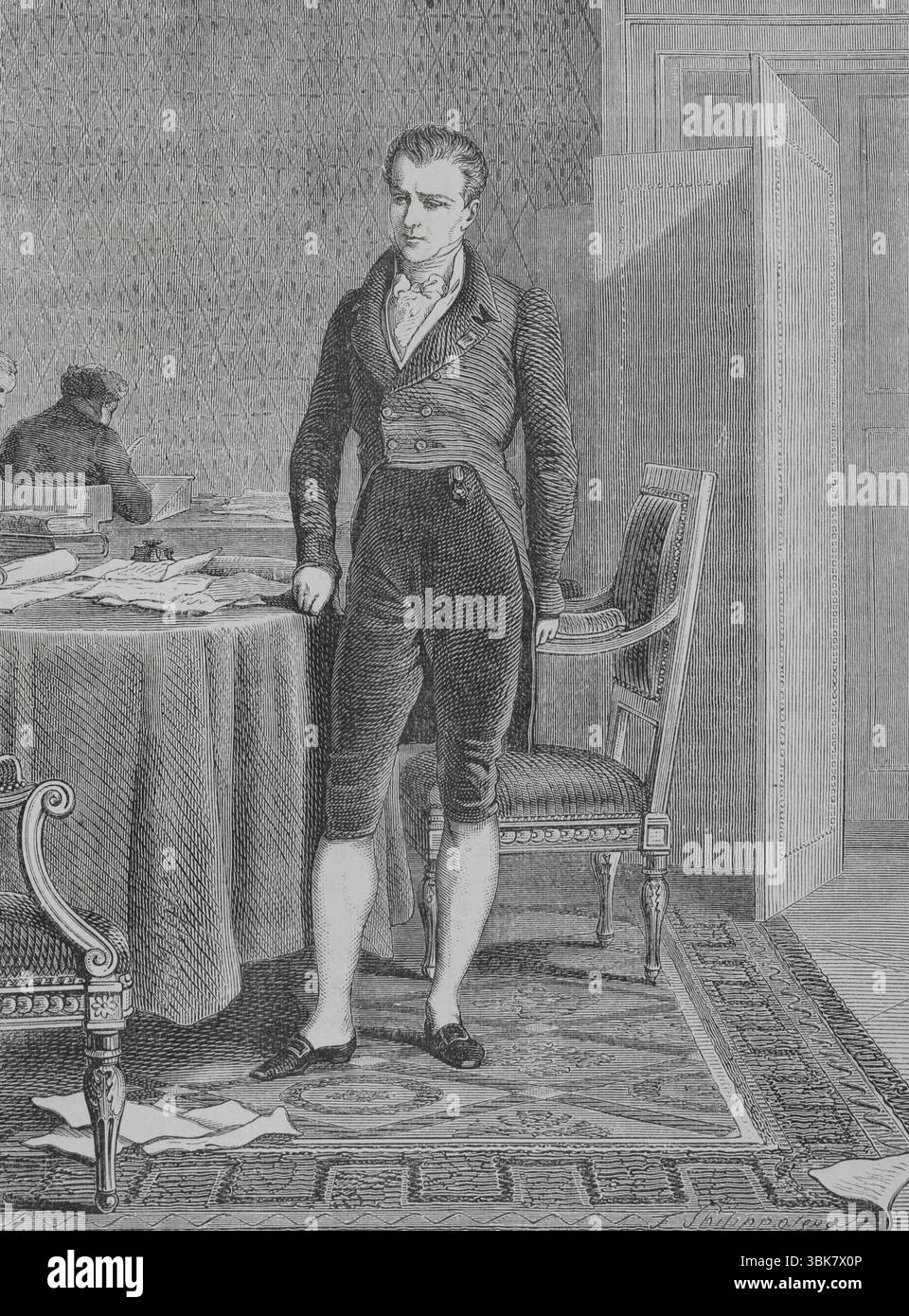 Emmerich Joseph von Dalberg (1773-1833), i duca di Dalberg. Diplomatico tedesco elevato alla nobiltà francese nell'era napoleonica, aiutando posizioni di governo di alto livello durante la Restaurazione borbonica. Verticale. Disegno di Philippoteaux. Incisione. Histoire du Consulat et de l'Empire (storia del Consolato e dell'Impero di Francia sotto Napoleone), di A. Thiers. Volume IV. Pubblicato a Barcellona, 1879. Foto Stock