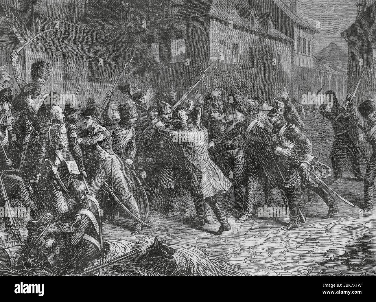 Napoleone aveva abdicato al trono francese il 6 aprile 1814, a seguito dei negoziati del Trattato di Fontainebleau. La notte del 7-8 aprile, cacciatori e granatieri della Vecchia Guardia protestarono per le strade di Fontainebleau a sostegno di Napoleone. Napoleone stesso, rendendosi conto che queste azioni non avrebbero fatto alcuna differenza, ordinò che i soldati che avevano preso parte alle proteste fossero calmati. Ammutinamento militare a Fontainebleau nella notte del 7-8 aprile 1814. Disegno di Philippoteaux. Incisione di Chapon. Histoire du Consulat et de l'Empire (storia del Consolato e dell'Impero di Francia Foto Stock