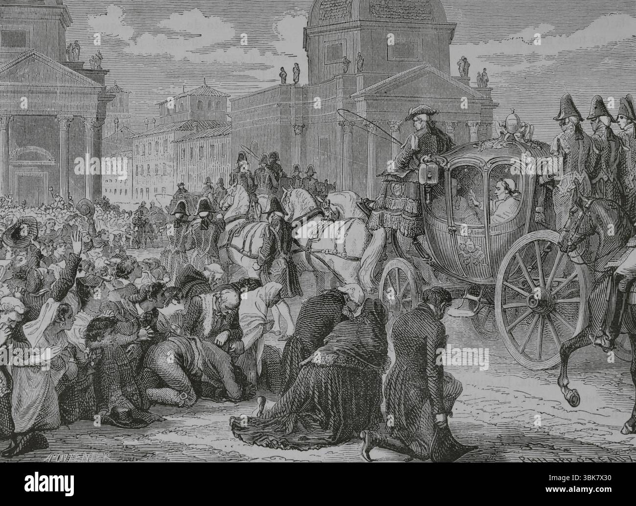 Pio VII (1742-1829). Papa italiano (1800-1823), nato Barnaba (Gregorio) Chiaramonti. Il 14 marzo 1800 fu eletto papa, non entrando a Roma fino al 3 luglio. Al suo arrivo fu ricevuto dalla nobiltà e dal popolo. Ritorno di Pio VII a Roma. Disegno di Philippoteaux. Incisione di Pontenier. Histoire du Consulat et de l'Empire (storia del Consolato e dell'Impero di Francia sotto Napoleone), di A. Thiers. Volume IV. Pubblicato a Barcellona, 1879. Foto Stock