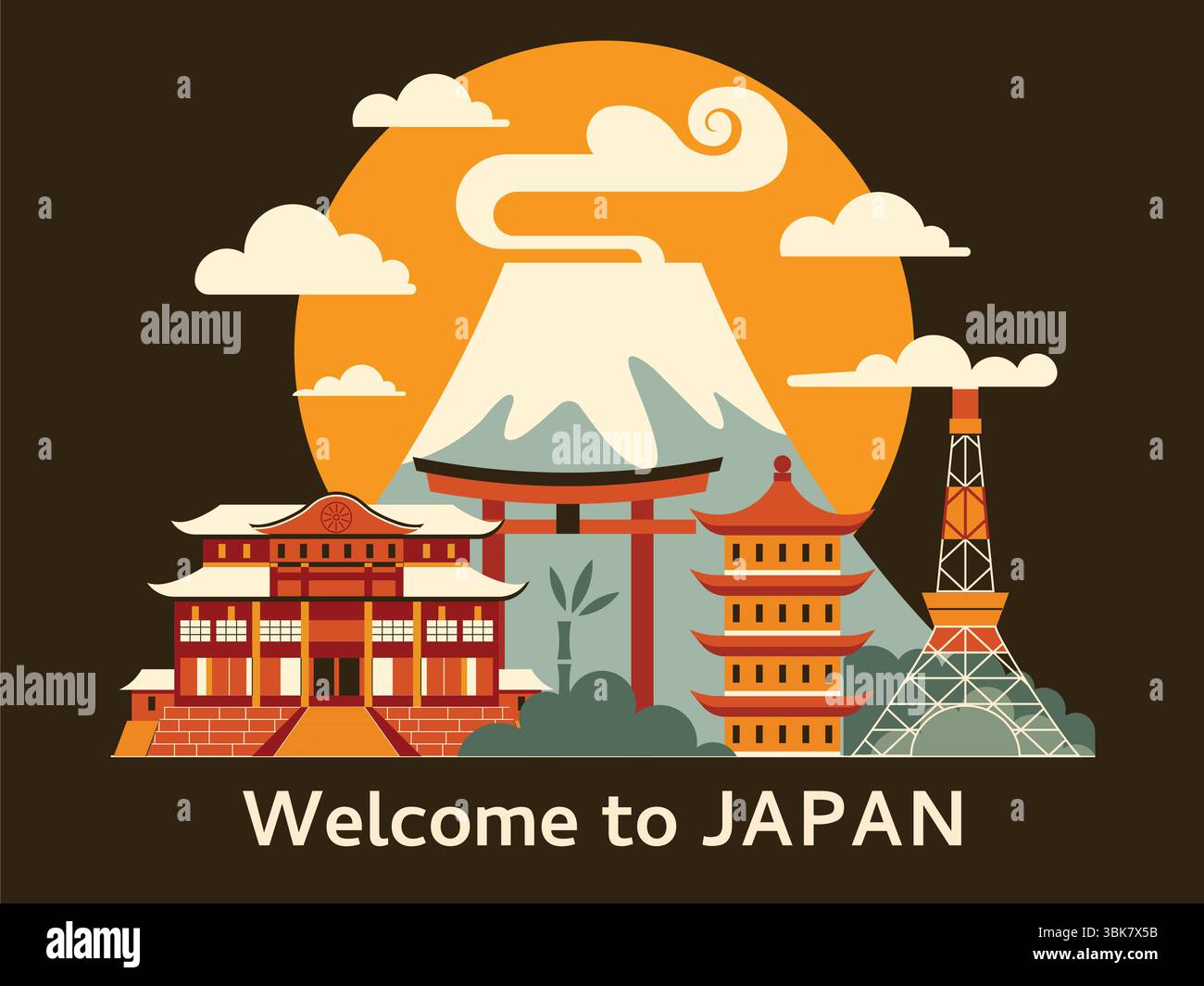 Viaggia verso la scena giapponese con il monte Fuji Illustrazione Vettoriale
