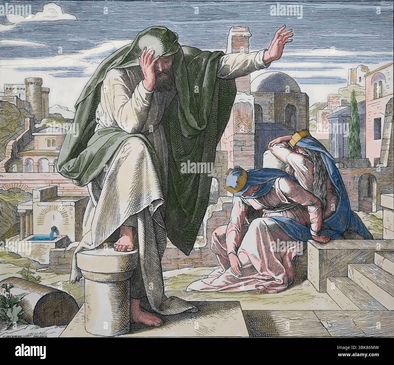 Vecchio Testamento. Distruzione di Gerusalemme. Il lamento di Jeremiah. Illustrazione di J. Schnorr von Carolsfeld. "La Bibbia dei quadri", 1852-60. Foto Stock