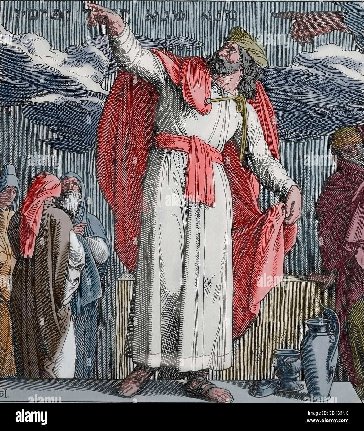 Vecchio Testamento. Daniel legge la frase sul muro al re di Babilonia illustrazione di J. Schnorr von Carolsfeld. "La Bibbia dei quadri", 1852-60. Foto Stock