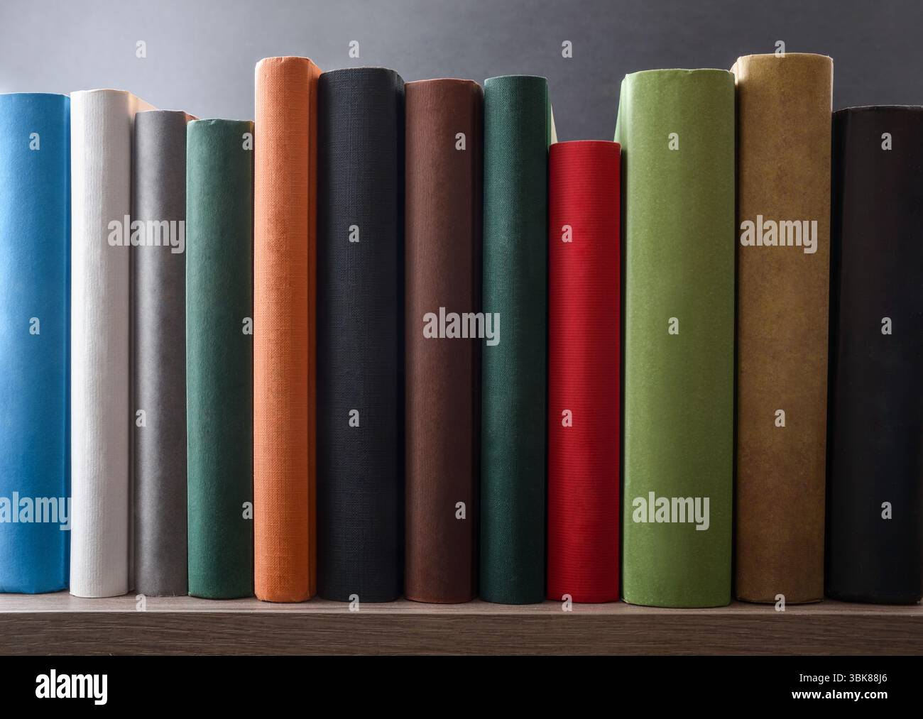 Fila di libri che mostrano la colonna vertebrale di vari colori su uno scaffale di legno e sfondo scuro isolato. Vista frontale. Foto Stock