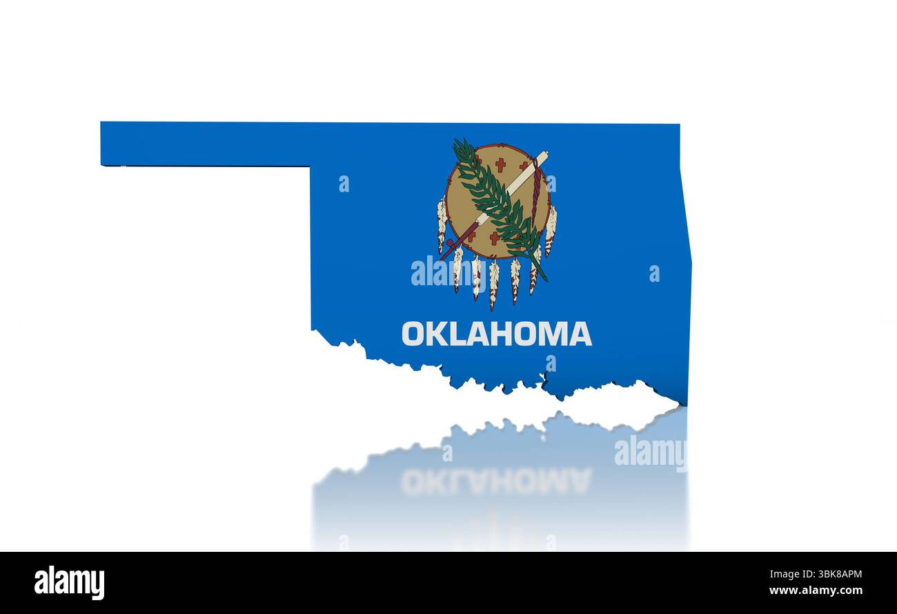 Mappa e forma dell'Oklahoma con bandiera di stato, riflessa su sfondo bianco illustrazione 3D. Foto Stock