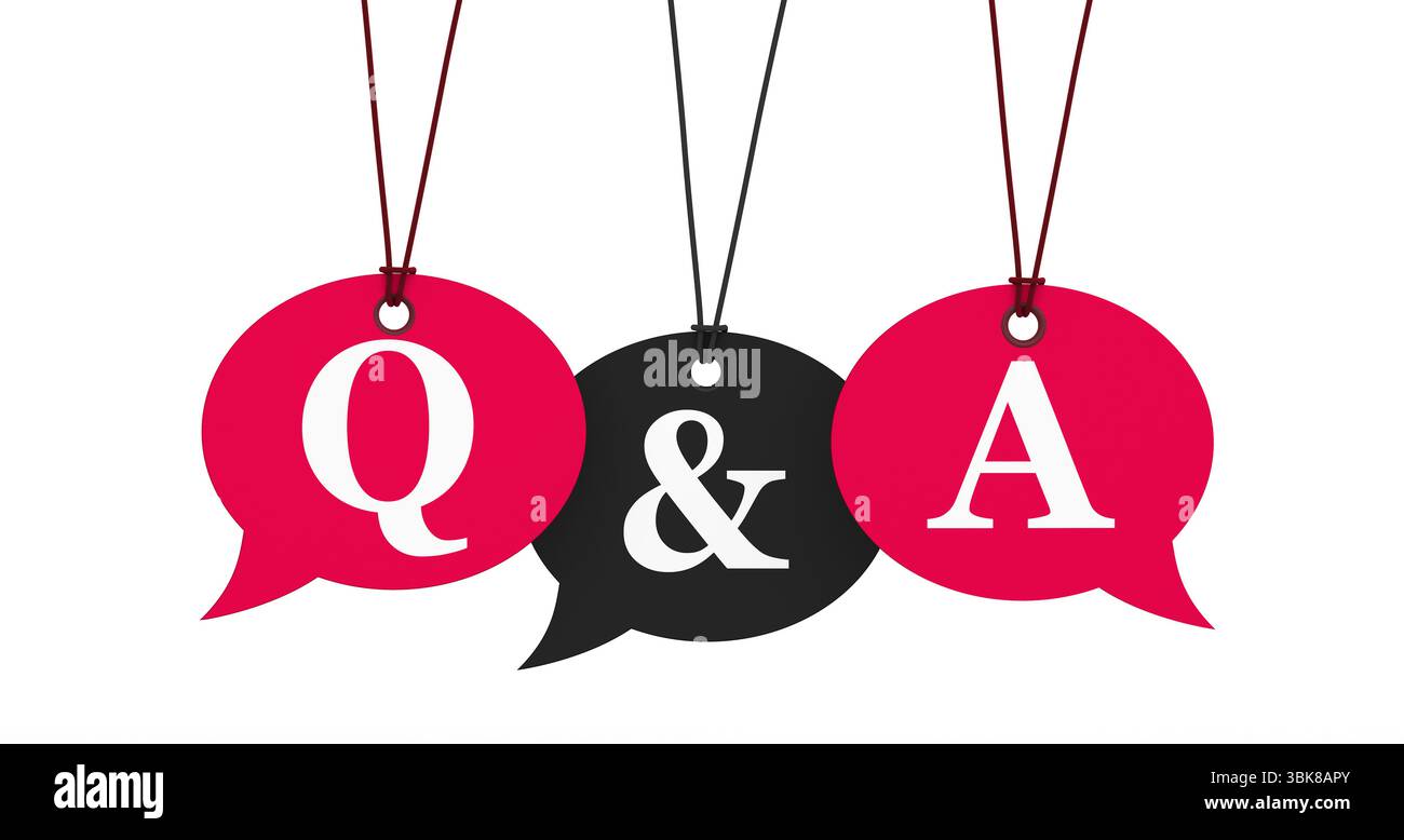 Domande e risposte, domande frequenti sul Web e concetto di supporto aziendale online con domande e risposte su bolle di discorso appese illustrazione 3D su sfondo bianco. Foto Stock