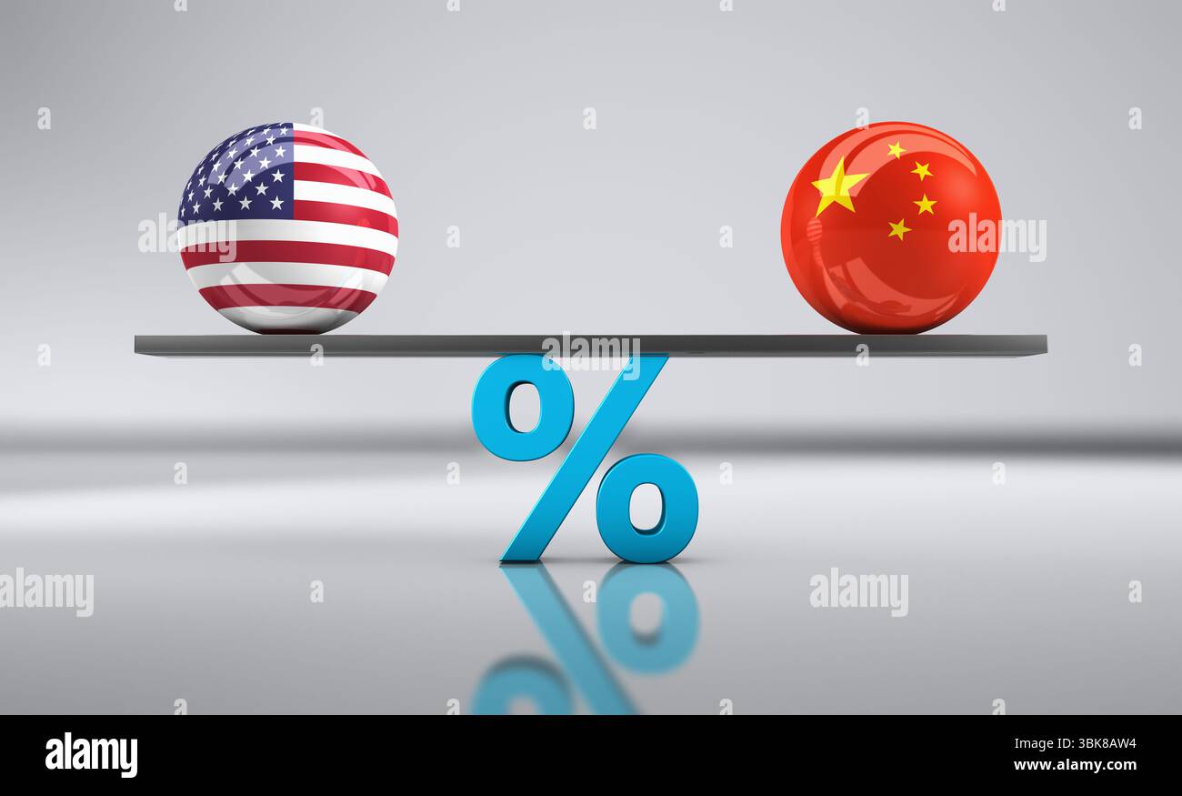USA e Cina commercializzano tariffe sulle importazioni e sulle esportazioni con la bandiera americana e la bandiera cinese in equilibrio su un segno di percentuale. Foto Stock