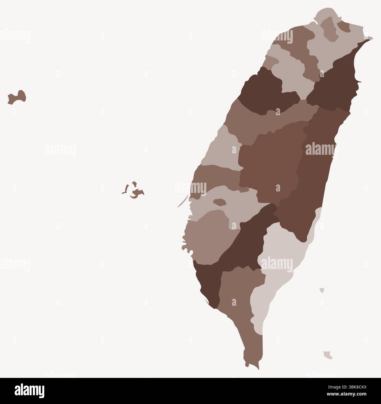 Mappa di Taiwan con le regioni. Solo una semplice mappa di confine con la divisione della regione. Tavolozza dei colori marrone. Illustrazione Vettoriale