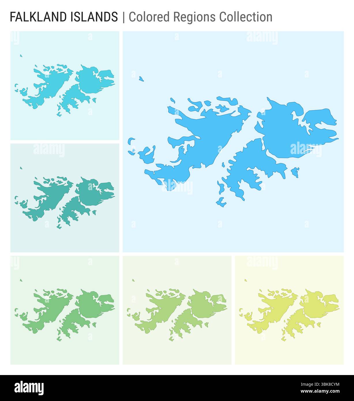 Collezione di mappe delle Falklands. Forma del paese con regioni colorate. Azzurro, ciano, verde, verde chiaro, tavolozze di colori lime. Illustrazione Vettoriale