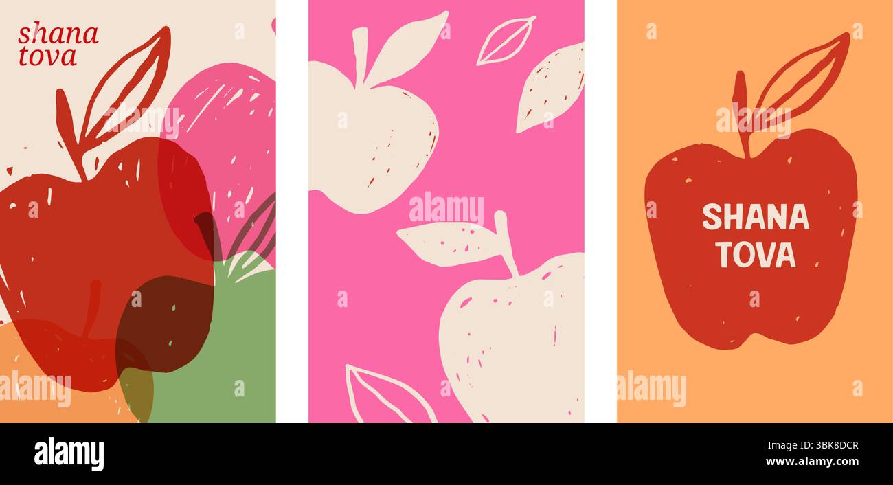 Poster e biglietti d'auguri di Shanah Tova con mele disegnate a mano Illustrazione Vettoriale