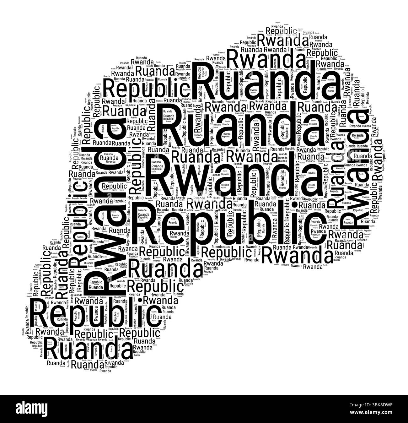 Nuvola di parole in bianco e nero a forma di Ruanda. Semplice illustrazione del paese in stile tipografico. Fumetto di testo nero ruandese su sfondo bianco. Illustrazione Vettoriale