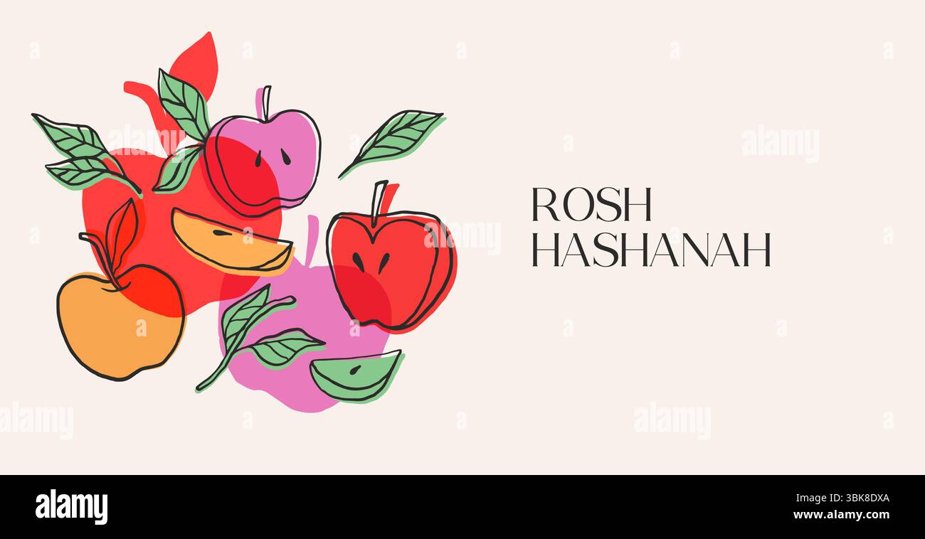 Colorato striscione vintage Shanah Tova con mele disegnate a mano Illustrazione Vettoriale