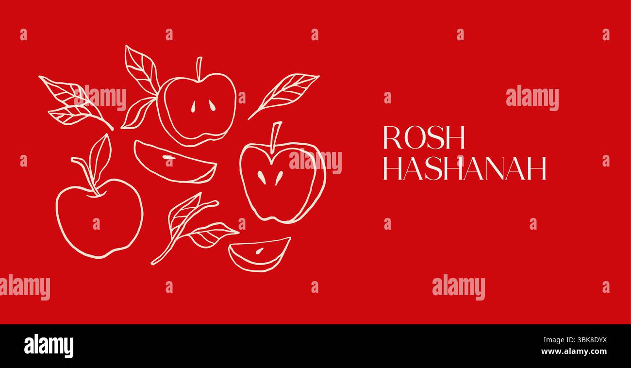 Striscione vintage Shanah Tova con mele disegnate a mano Illustrazione Vettoriale