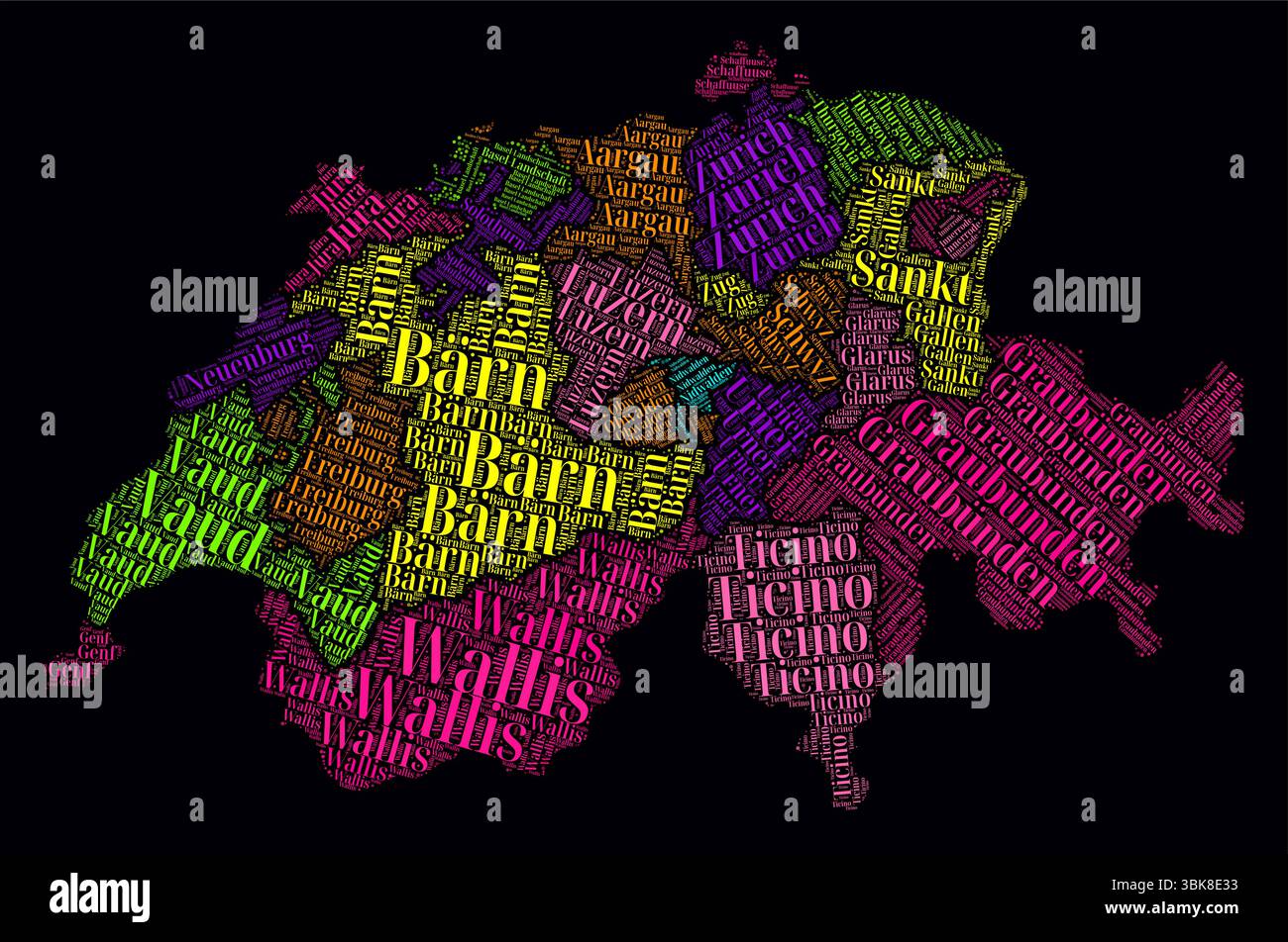 Nuvole di parole nelle regioni della Svizzera. Design luminoso in stile neon su sfondo scuro. Nomi delle regioni del paese in lingua tedesca. Illustrazione Vettoriale