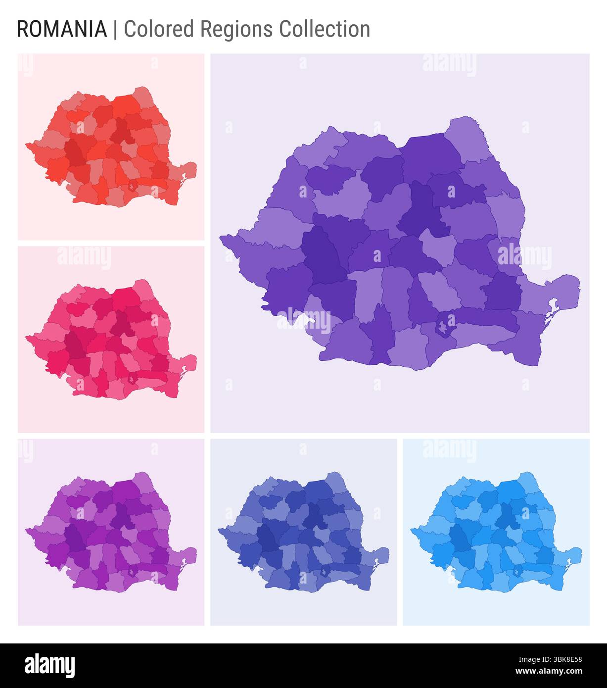 Raccolta di mappe della Romania. Forma del paese con regioni colorate. Viola intenso, rosso, rosa, viola, indaco, tavolozze di colore blu. Illustrazione Vettoriale