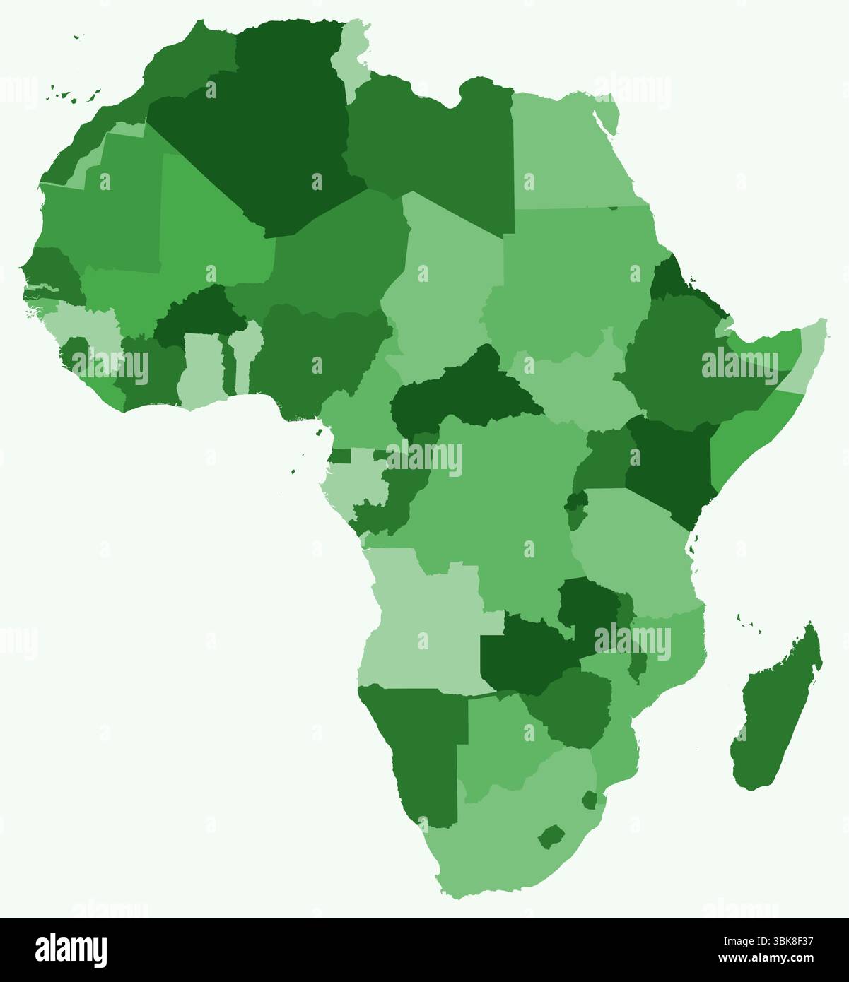 Mappa dell'Africa con i paesi. Solo una semplice mappa dei confini del continente con la divisione del paese. Tavolozza dei colori verde. Illustrazione Vettoriale